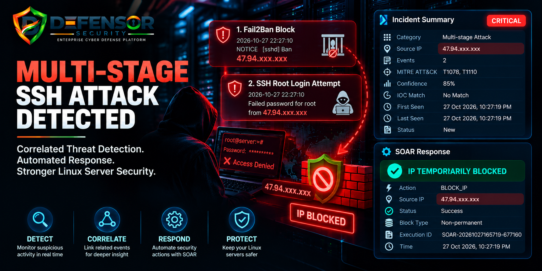 Multi-Stage SSH Attack Detection: How Defensor Correlated Security Events and Triggered Automated IP Blocking